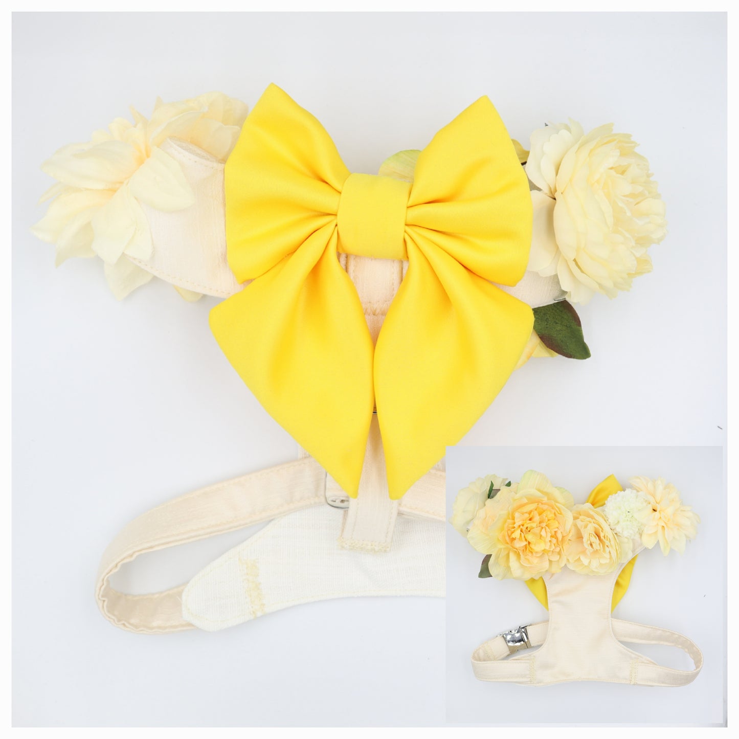 Wedding Dog Harness in Ivory Cream Satin with Yellow Bow and Flowers CHOICE of COLOURS Made to Measure
