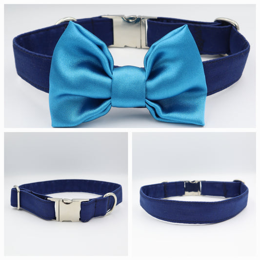 Dog Collar in Navy Blue Satin Style Fabric with Satin Bow CHOICE of COLOURS