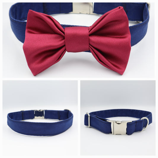 Dog Collar in Navy Blue Satin Style Fabric with Satin Bow CHOICE of COLOURS