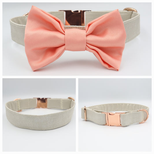 Dog Collar in Beige Satin Style Fabric with Satin Bow CHOICE of COLOURS