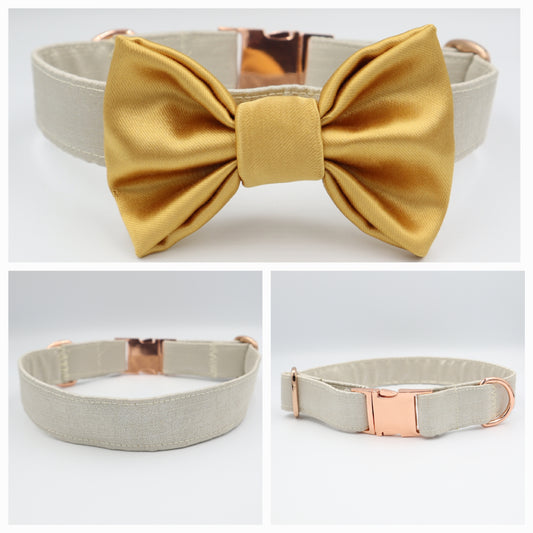 Dog Collar in Beige Satin Style Fabric with Satin Bow CHOICE of COLOURS