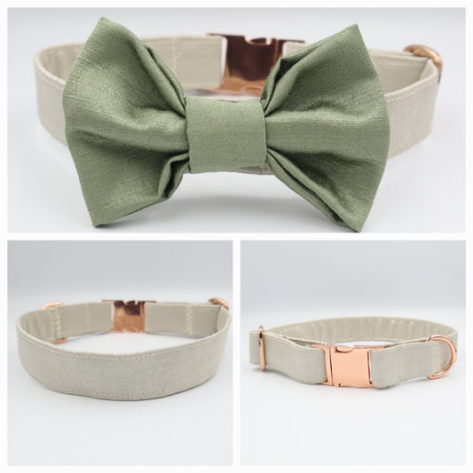Dog Collar in Beige Satin Style Fabric with Satin Bow CHOICE of COLOURS