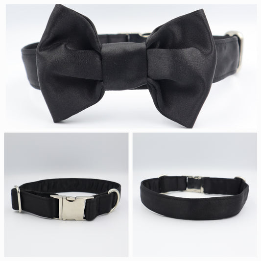 Dog Collar in Black Satin Style Fabric with Satin Bow CHOICE of COLOURS