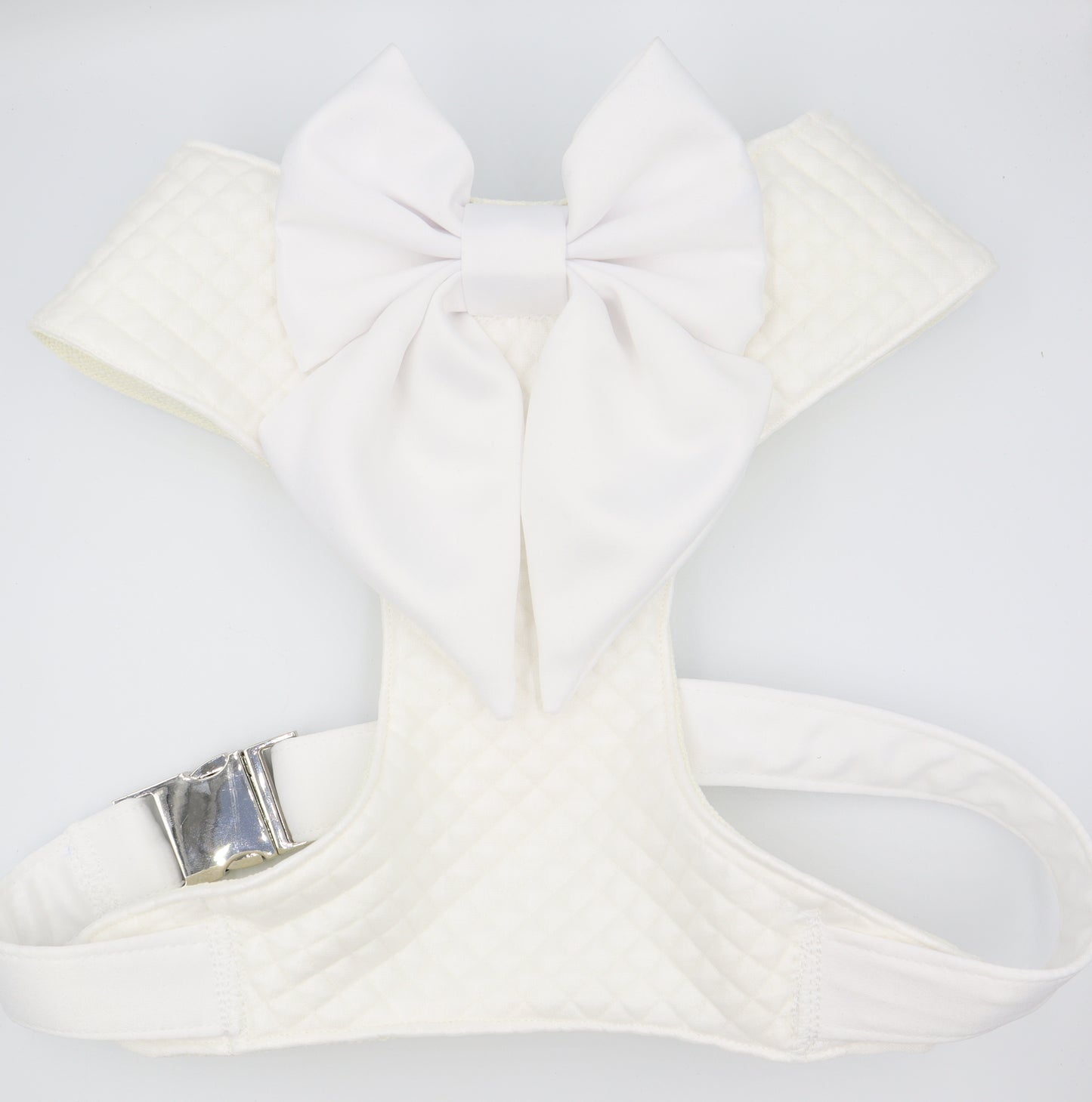 Wedding Dog Harness in Off White Ivory Cream Satin Quilted Design with White Sailor Bow Girl Dog Wedding CHOICE of COLOURS Made to Measure