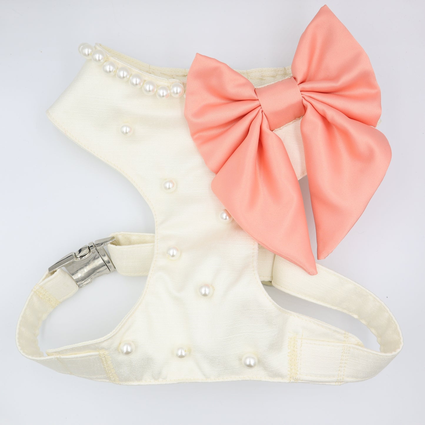 Wedding Dog Harness in Ivory Satin with Coral Bow and Pearls CHOICE of COLOURS Made to Measure