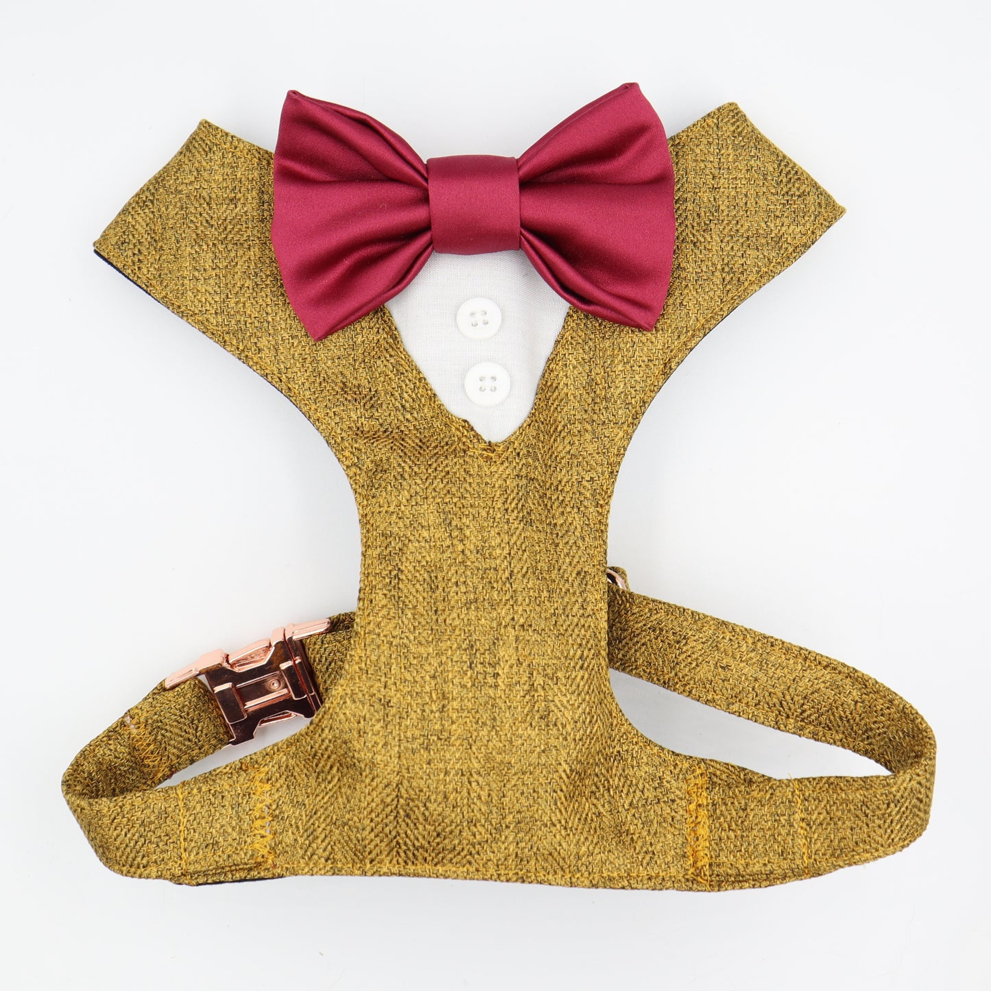 Tuxedo Wedding Dog Harness in Mustard Soft Herringbone Tweed Fabric with Satin Bow CHOICE of COLOURS Made to Measure
