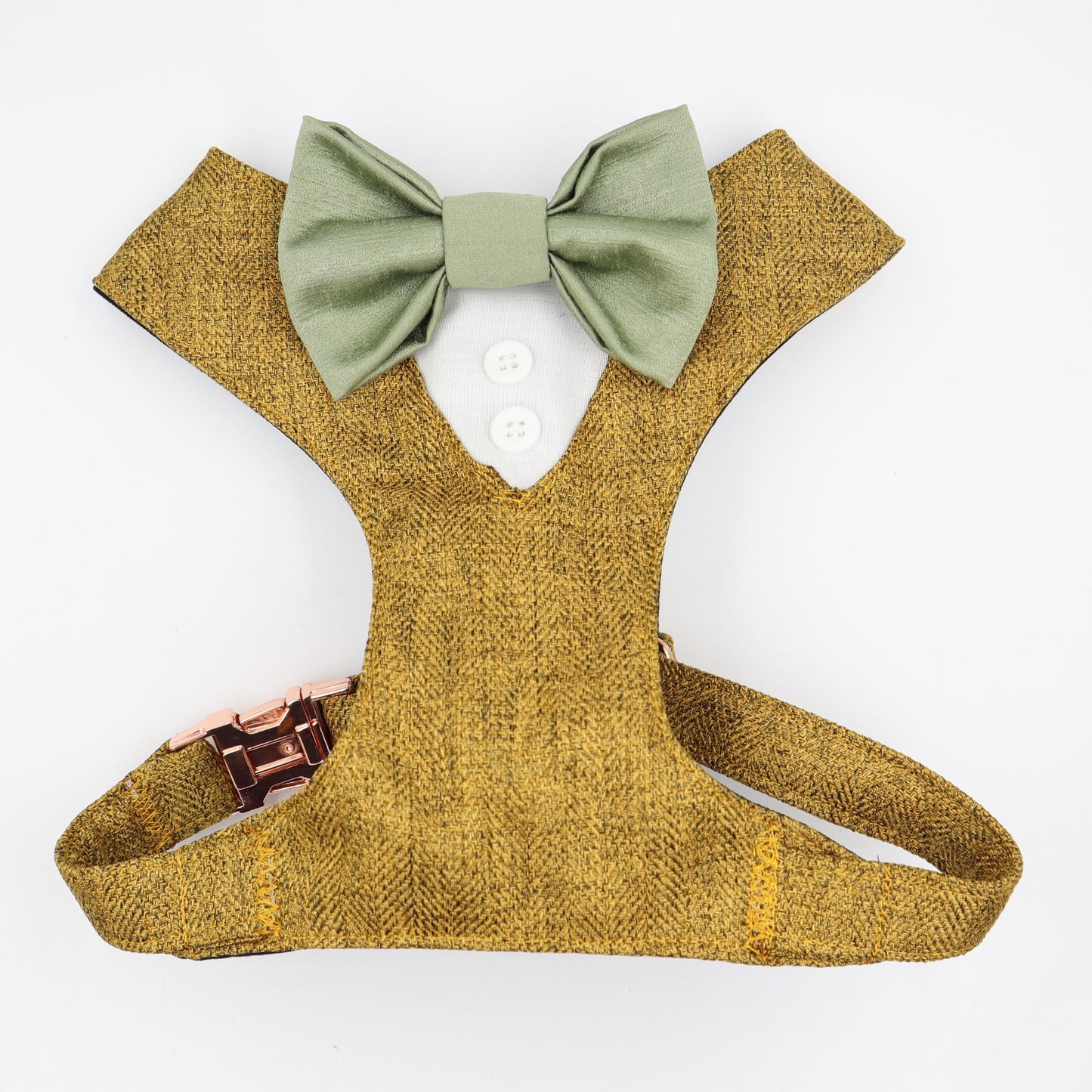 Tuxedo Wedding Dog Harness in Mustard Soft Herringbone Tweed Fabric with Satin Bow CHOICE of COLOURS Made to Measure