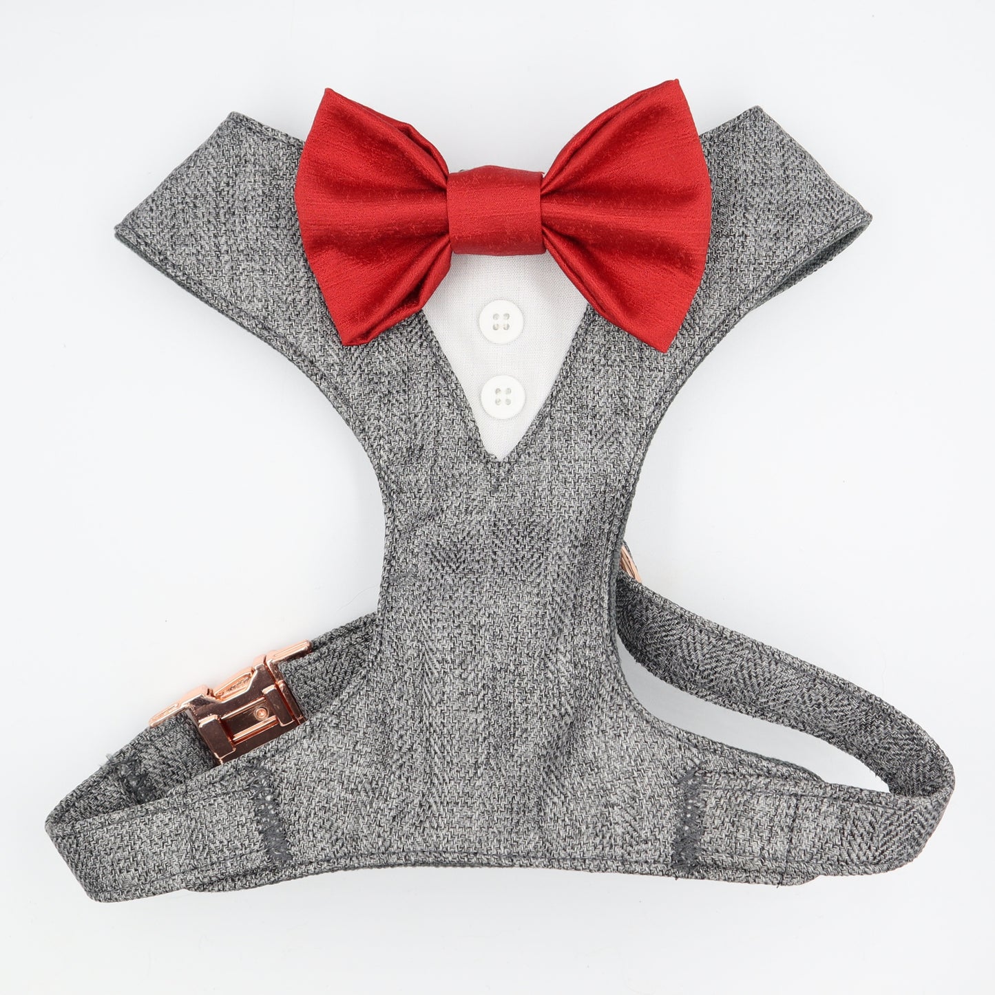 Tuxedo Wedding Dog Harness in Grey Soft Herringbone Tweed Fabric with Satin Bow CHOICE of COLOURS Made to Measure