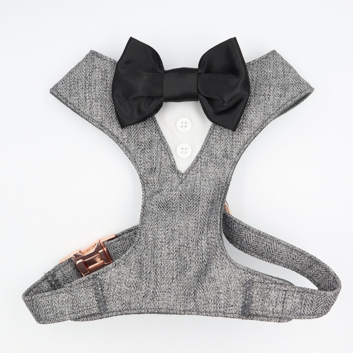 Tuxedo Wedding Dog Harness in Grey Soft Herringbone Tweed Fabric with Satin Bow CHOICE of COLOURS Made to Measure
