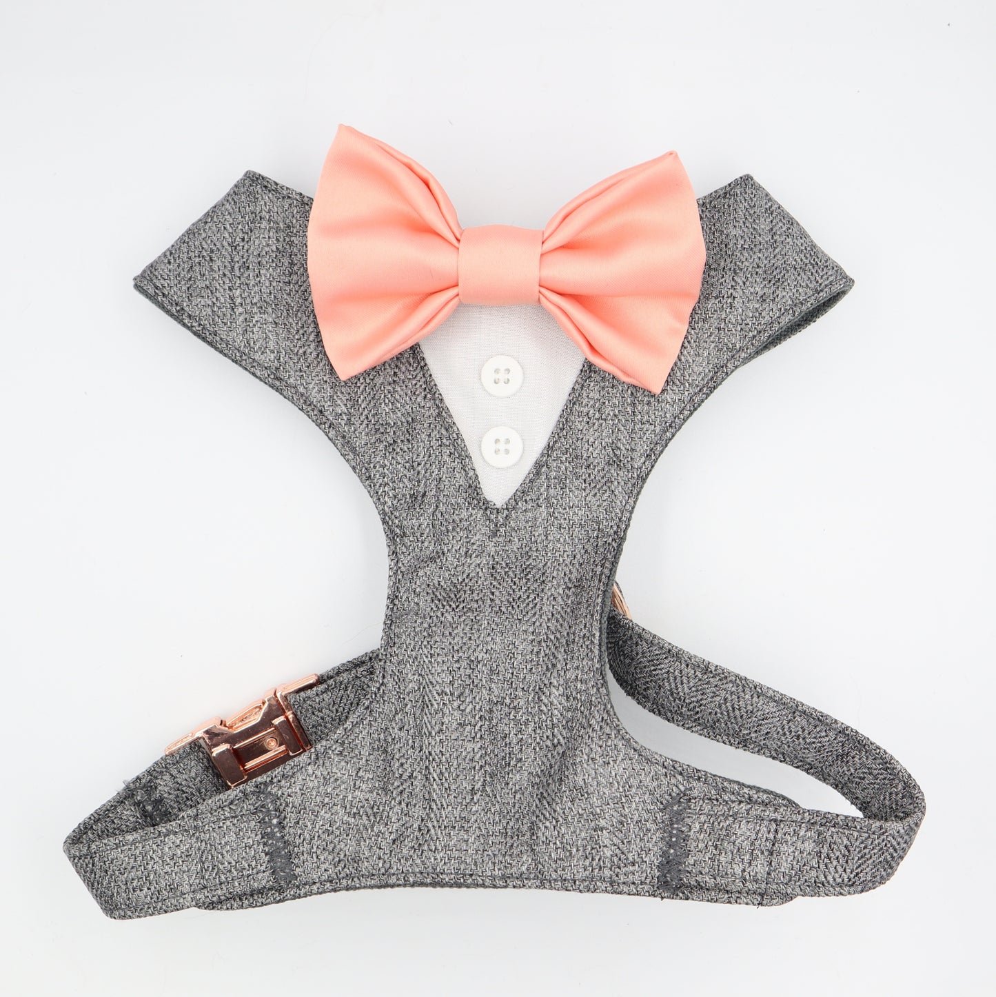 Tuxedo Wedding Dog Harness in Grey Soft Herringbone Tweed Fabric with Satin Bow CHOICE of COLOURS Made to Measure