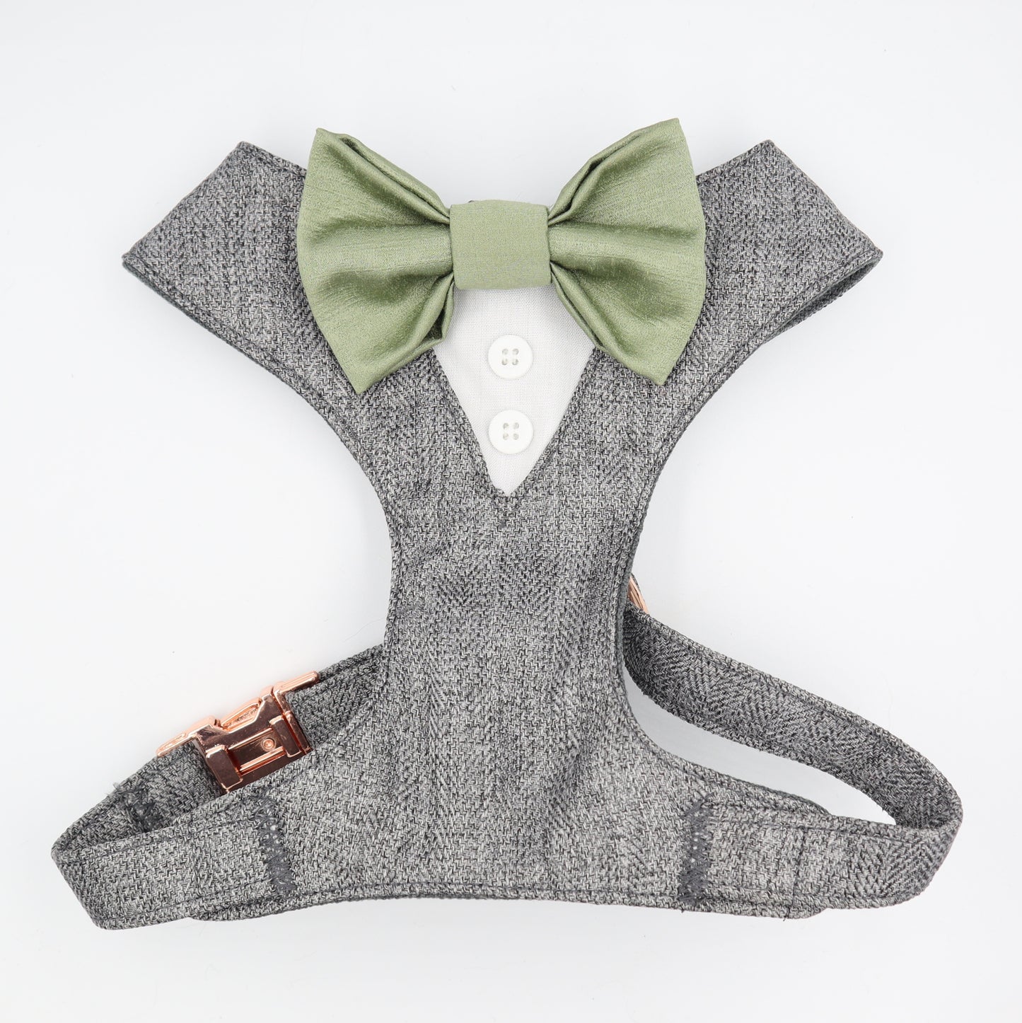 Tuxedo Wedding Dog Harness in Grey Soft Herringbone Tweed Fabric with Satin Bow CHOICE of COLOURS Made to Measure