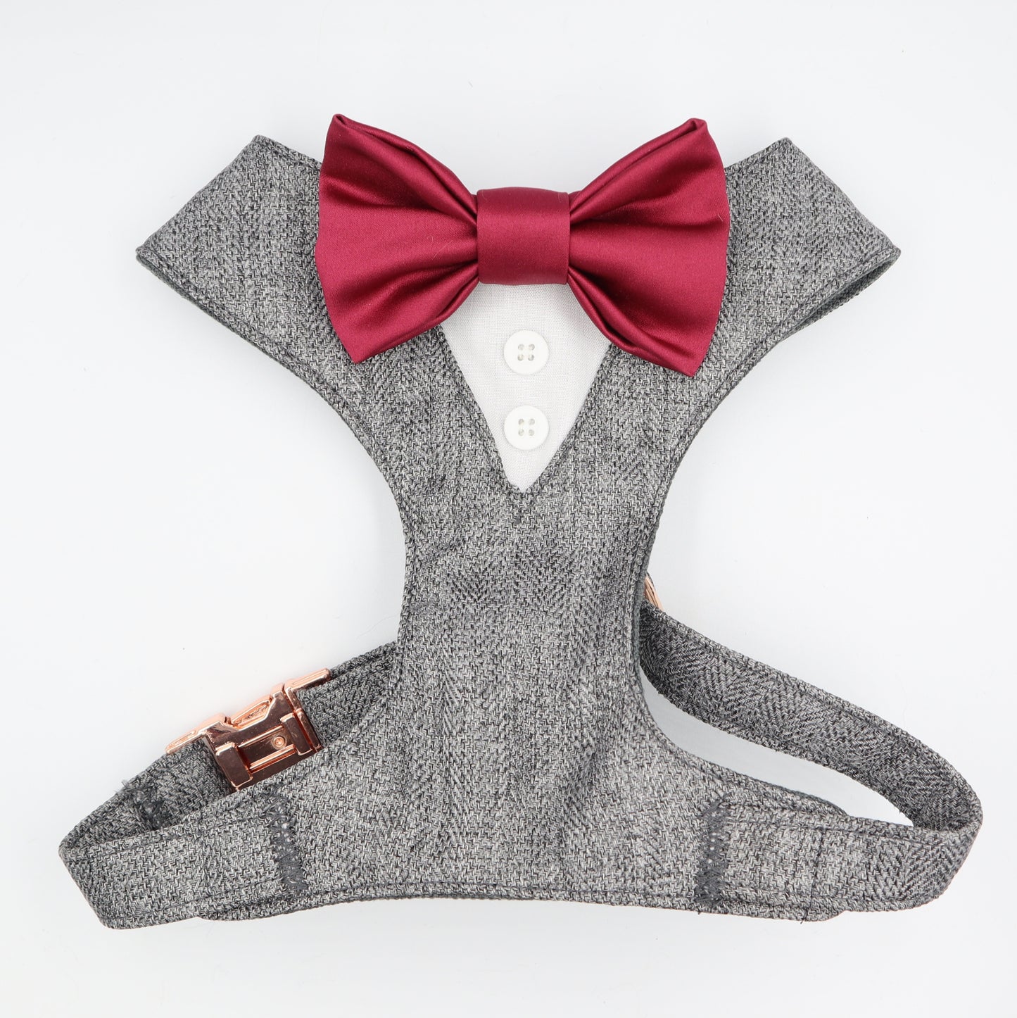 Tuxedo Wedding Dog Harness in Grey Soft Herringbone Tweed Fabric with Satin Bow CHOICE of COLOURS Made to Measure