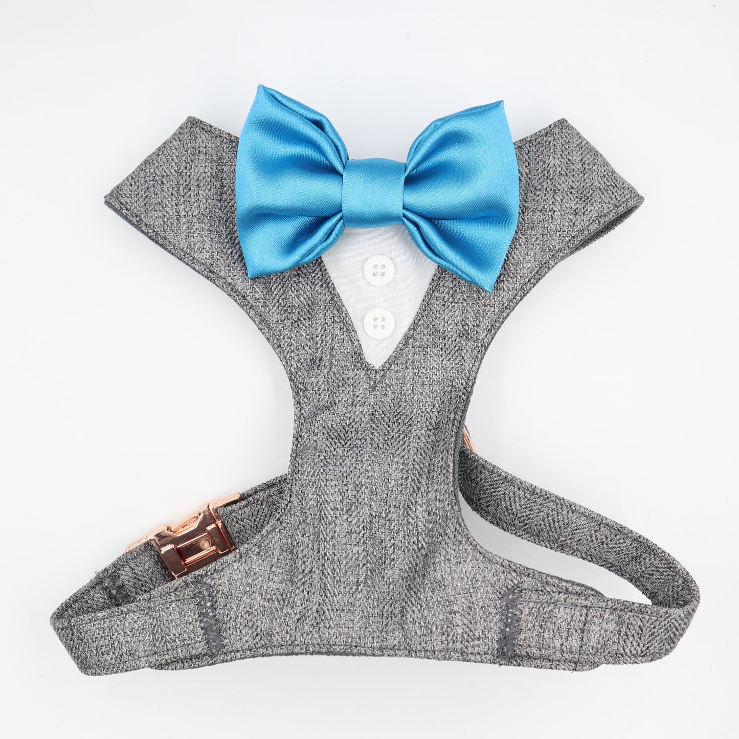 Tuxedo Wedding Dog Harness in Grey Soft Herringbone Tweed Fabric with Satin Bow CHOICE of COLOURS Made to Measure