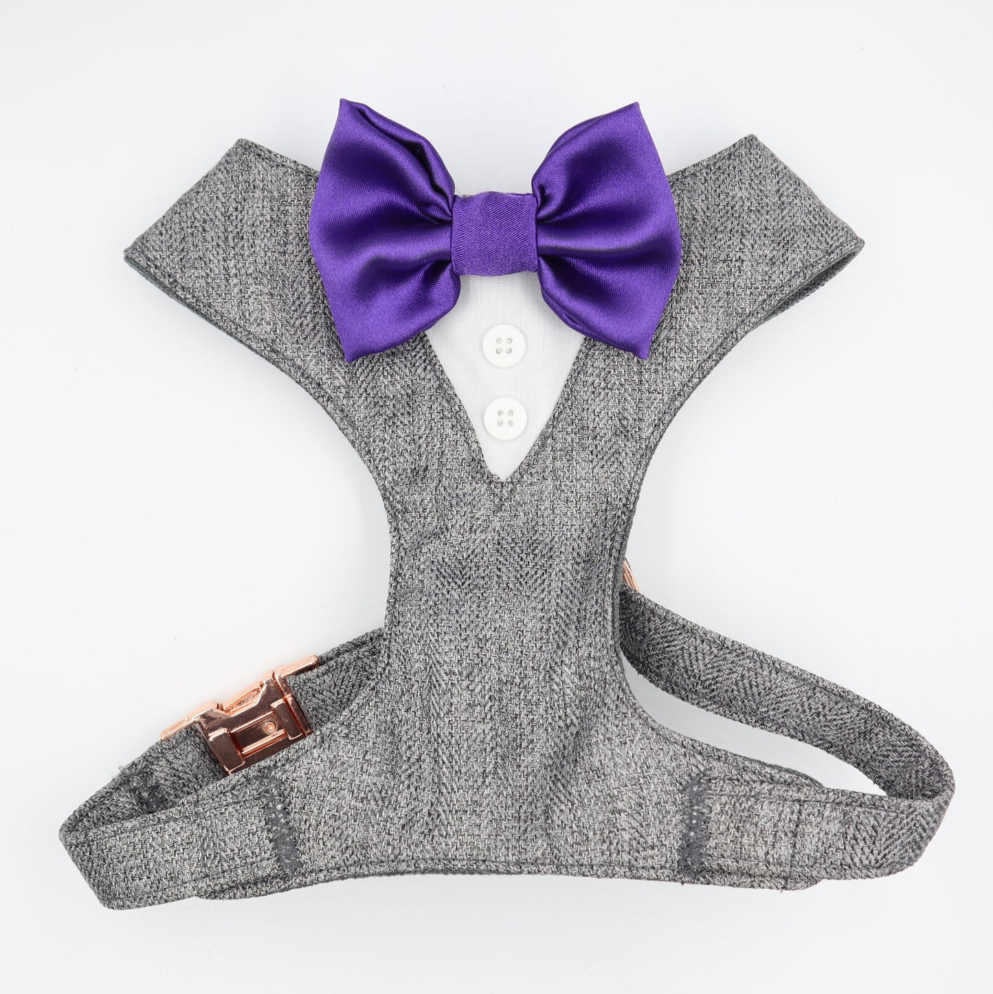 Tuxedo Wedding Dog Harness in Grey Soft Herringbone Tweed Fabric with Satin Bow CHOICE of COLOURS Made to Measure