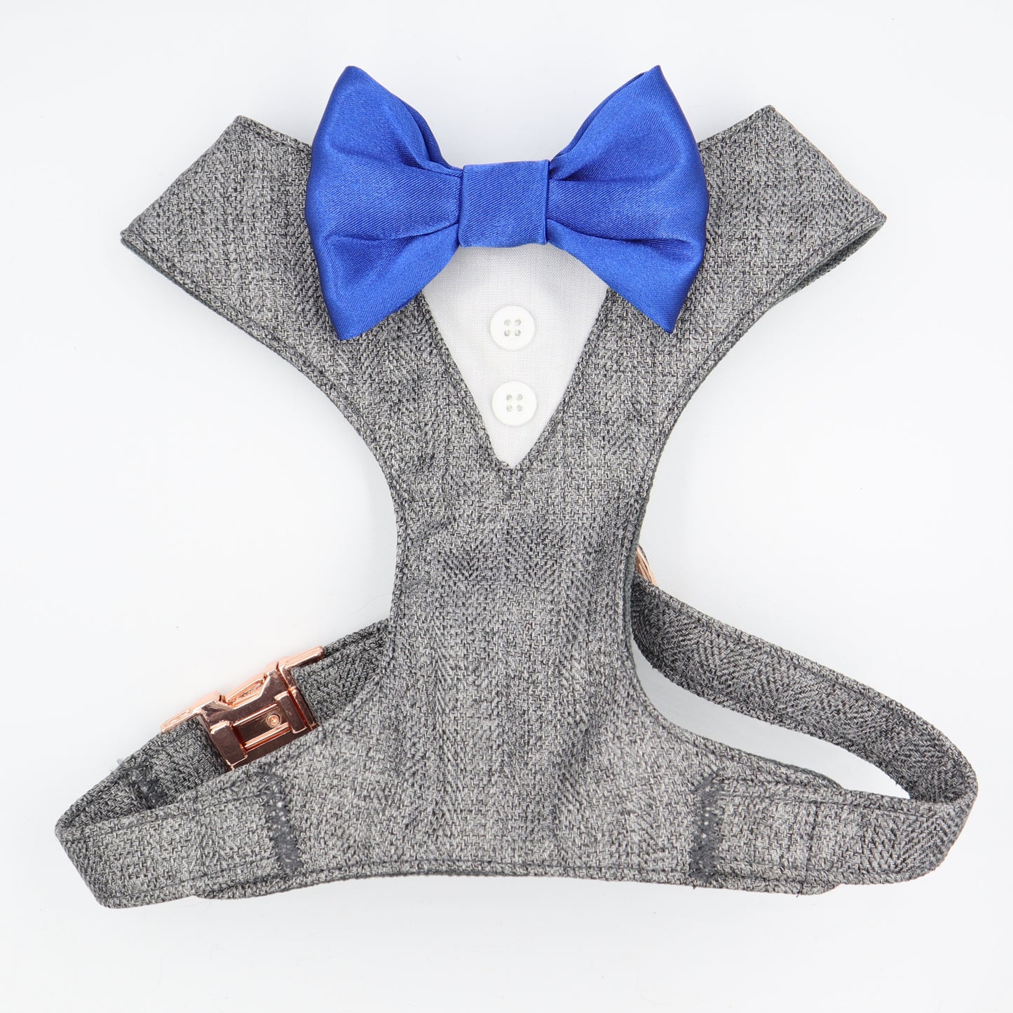 Tuxedo Wedding Dog Harness in Grey Soft Herringbone Tweed Fabric with Satin Bow CHOICE of COLOURS Made to Measure