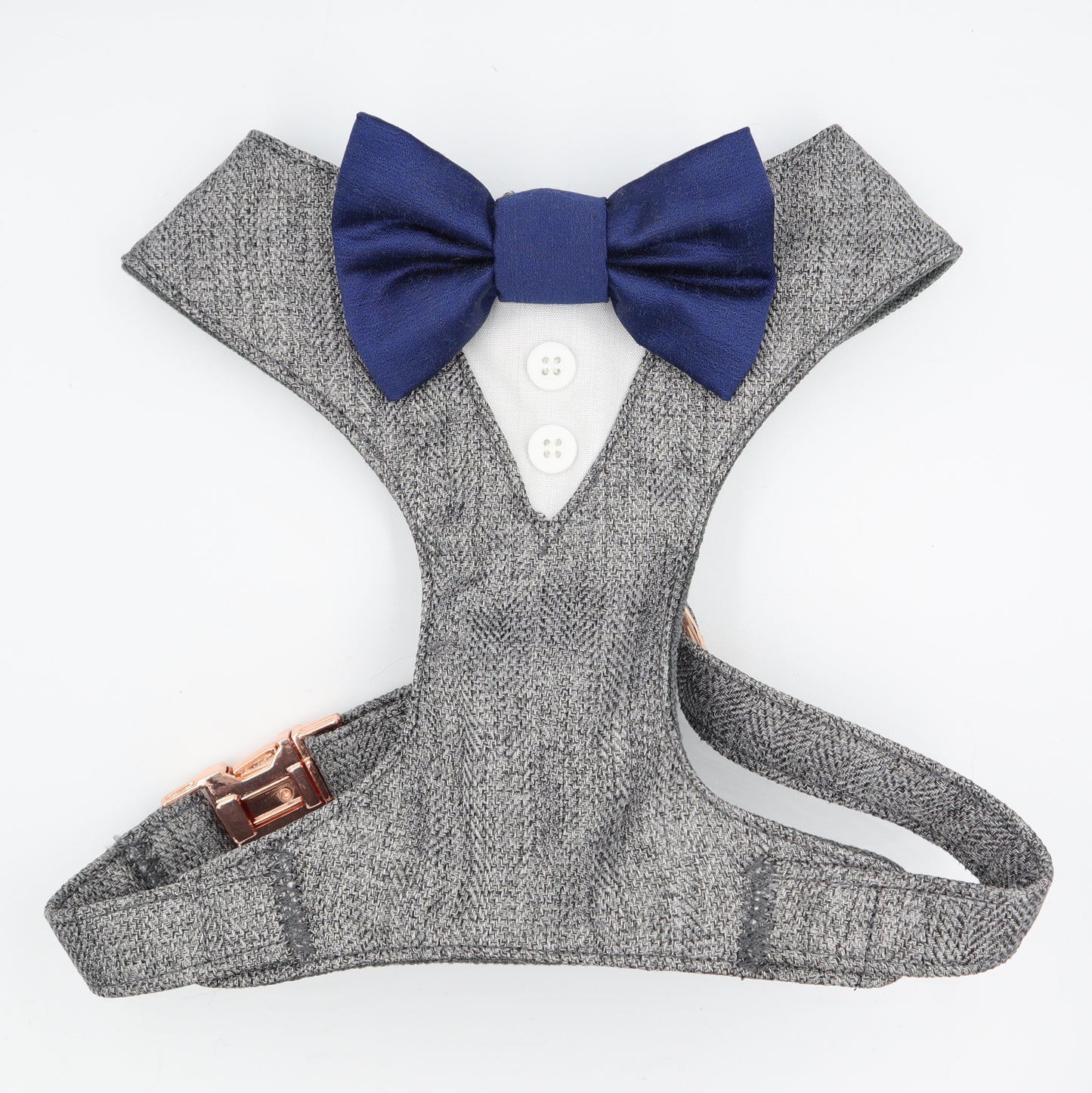 Tuxedo Wedding Dog Harness in Grey Soft Herringbone Tweed Fabric with Satin Bow CHOICE of COLOURS Made to Measure