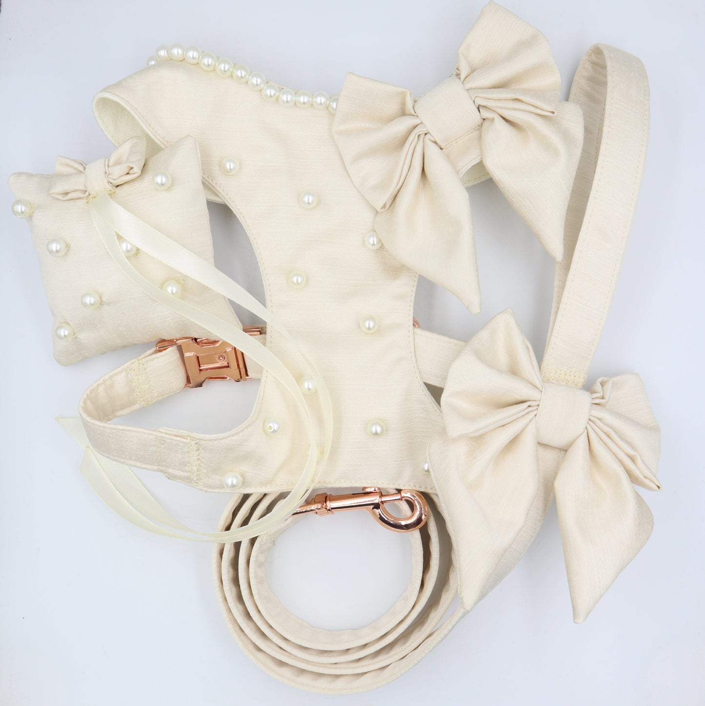 Wedding Dog Harness Leash & Ring Pillow in Ivory Cream Satin with Bow and Pearls CHOICE of COLOURS Made to Measure