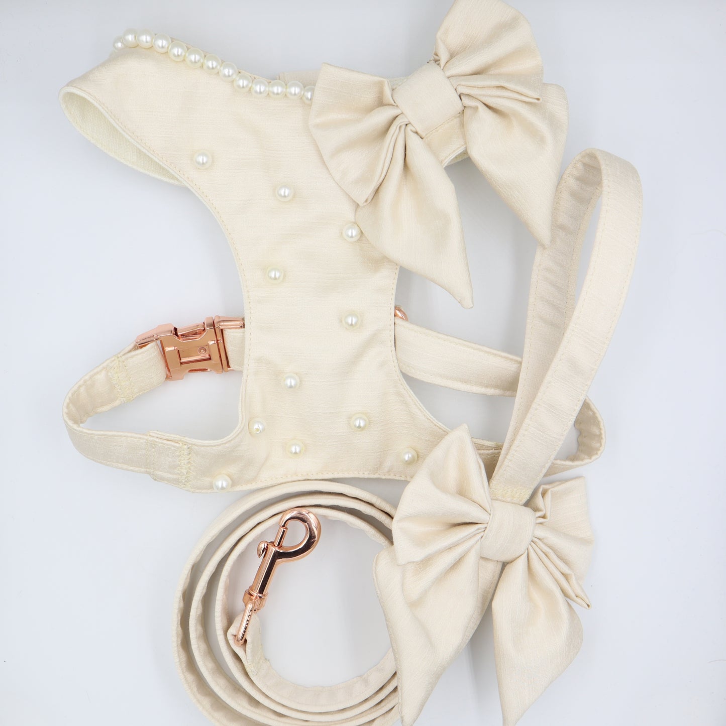 Wedding Dog Harness Leash & Ring Pillow in Ivory Cream Satin with Bow and Pearls CHOICE of COLOURS Made to Measure