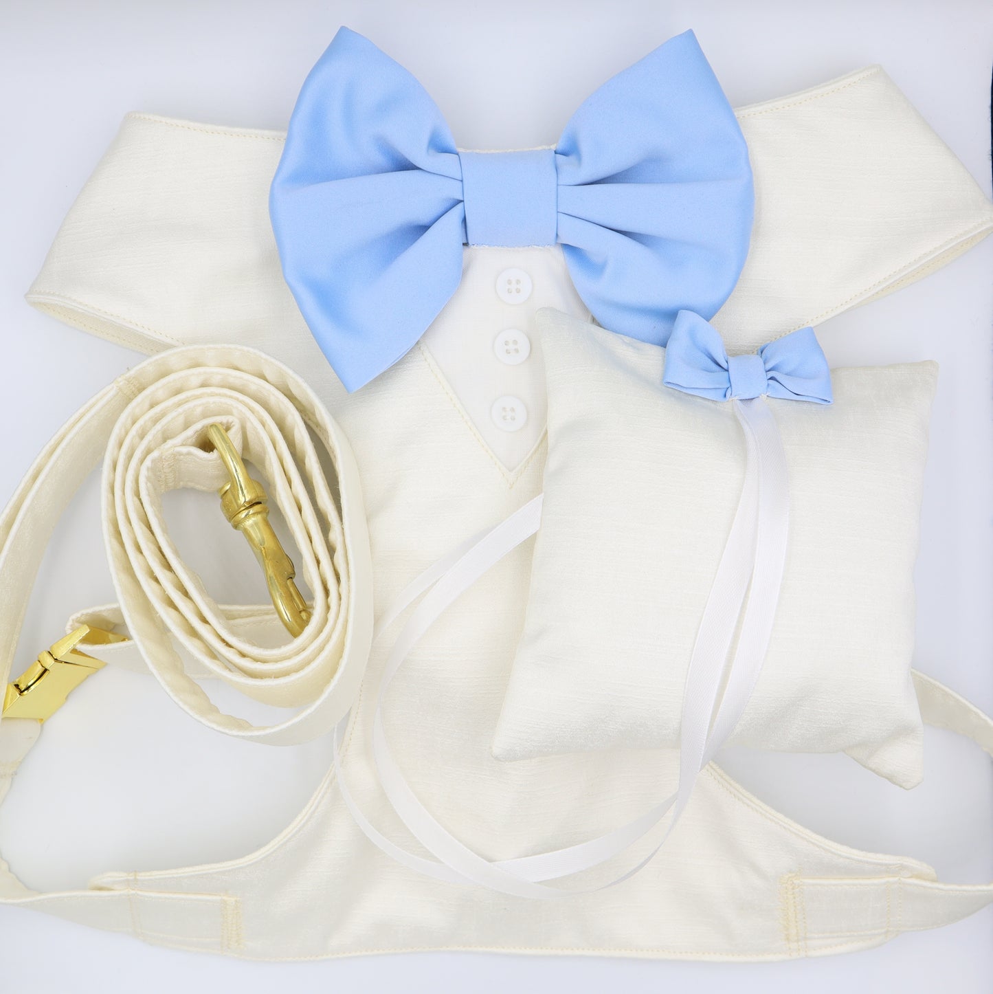 Wedding Dog Harness in Ivory Satin Fabric and Light Blue Bow Choice of COLOURS Made to Measure