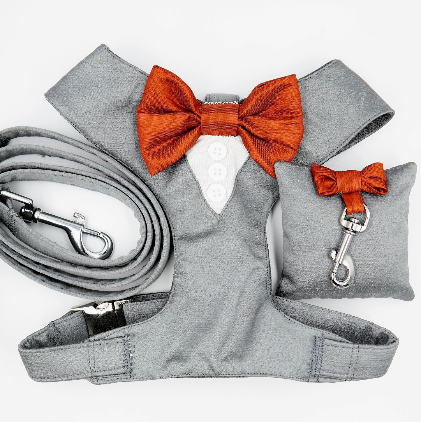 Wedding Dog Harness in Dark Grey Satin Fabric and Rust Bow Choice of COLOURS Made to Measure