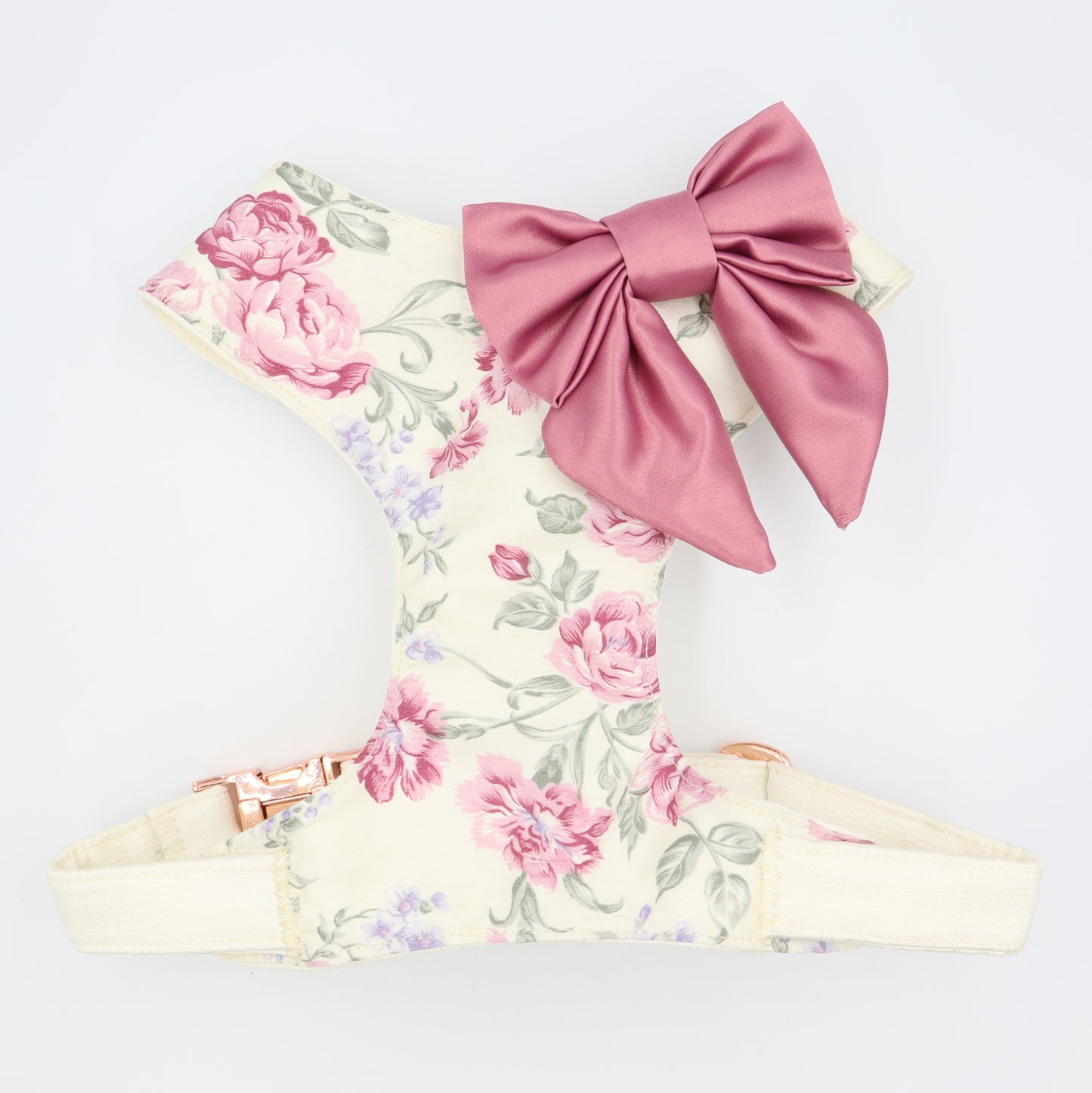 Wedding Dog Harness in Rose Print Satin Fabric with Sailor Bow Choice of Bow Colours Made to Measure