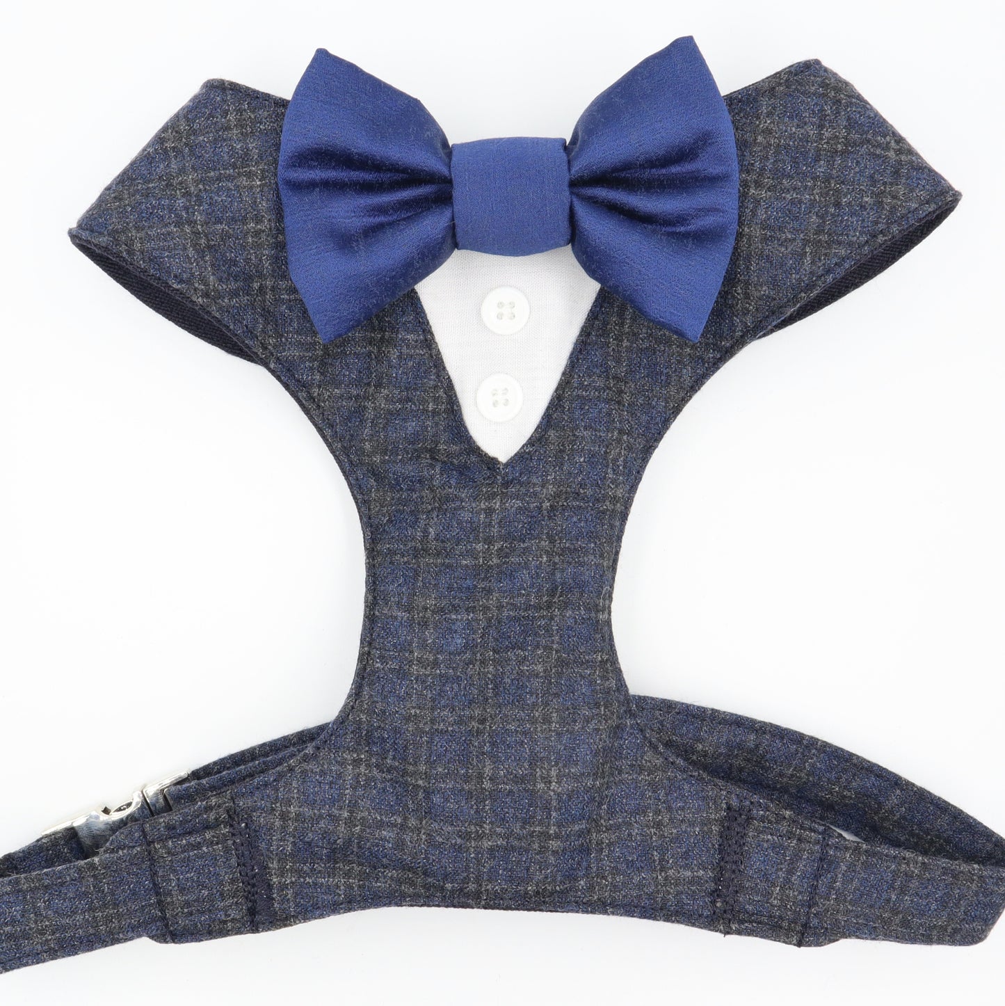 Tuxedo Wedding Dog Harness in Blue Grey Checked Soft Wool Fabric with Satin Bow CHOICE of COLOURS Made to Measure