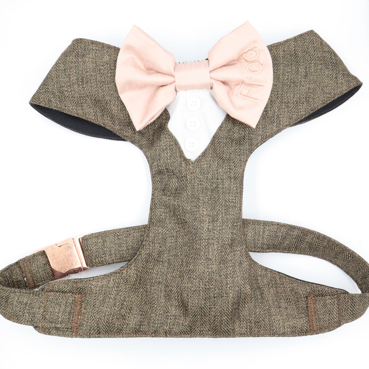 Tuxedo Wedding Dog Harness in Light Chocolate Soft Herringbone Tweed Fabric with Satin Bow CHOICE of COLOURS Made to Measure