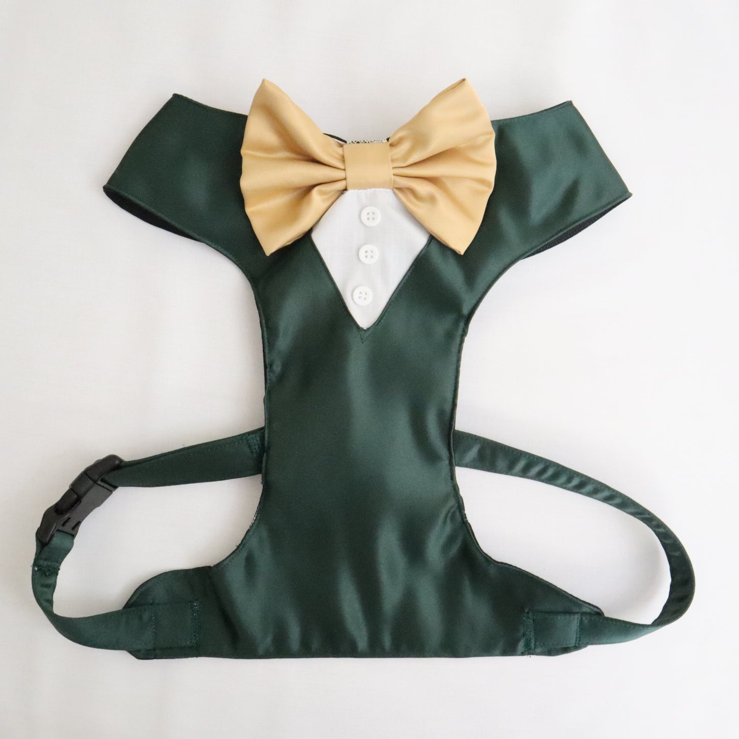 Tuxedo Wedding Dog Harness in Dark Green Satin with Bow Made to Measure
