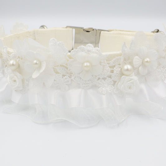 Wedding Dog Collar in Ivory Satin Style Fabric with Pearl Trim