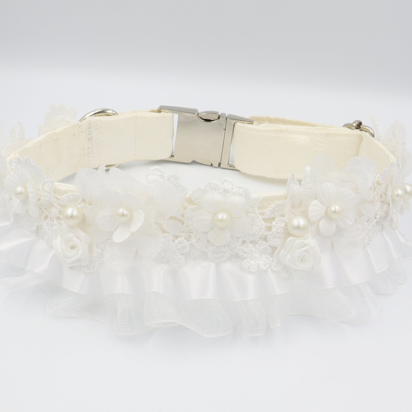 Wedding Dog Collar in Ivory Satin Style Fabric with Pearl Trim