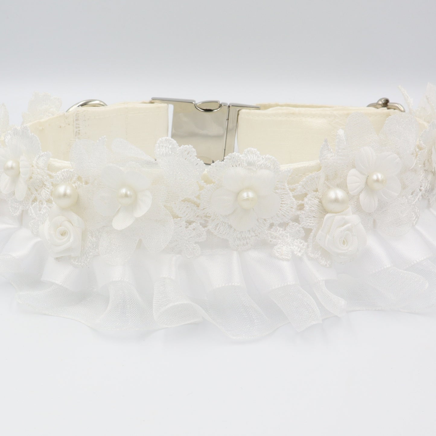Wedding Dog Collar in Ivory Satin Style Fabric with Pearl Trim
