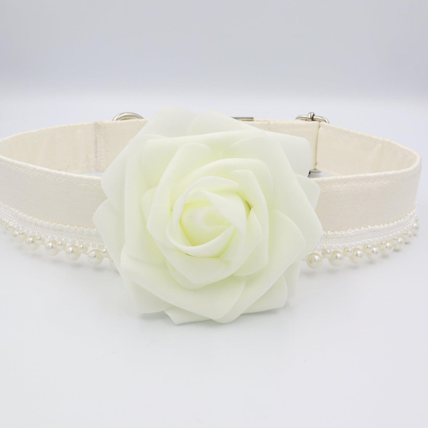 Wedding Dog Collar in Ivory Satin Style Fabric with Flower and Pearl Trim Choice of Flower Colours
