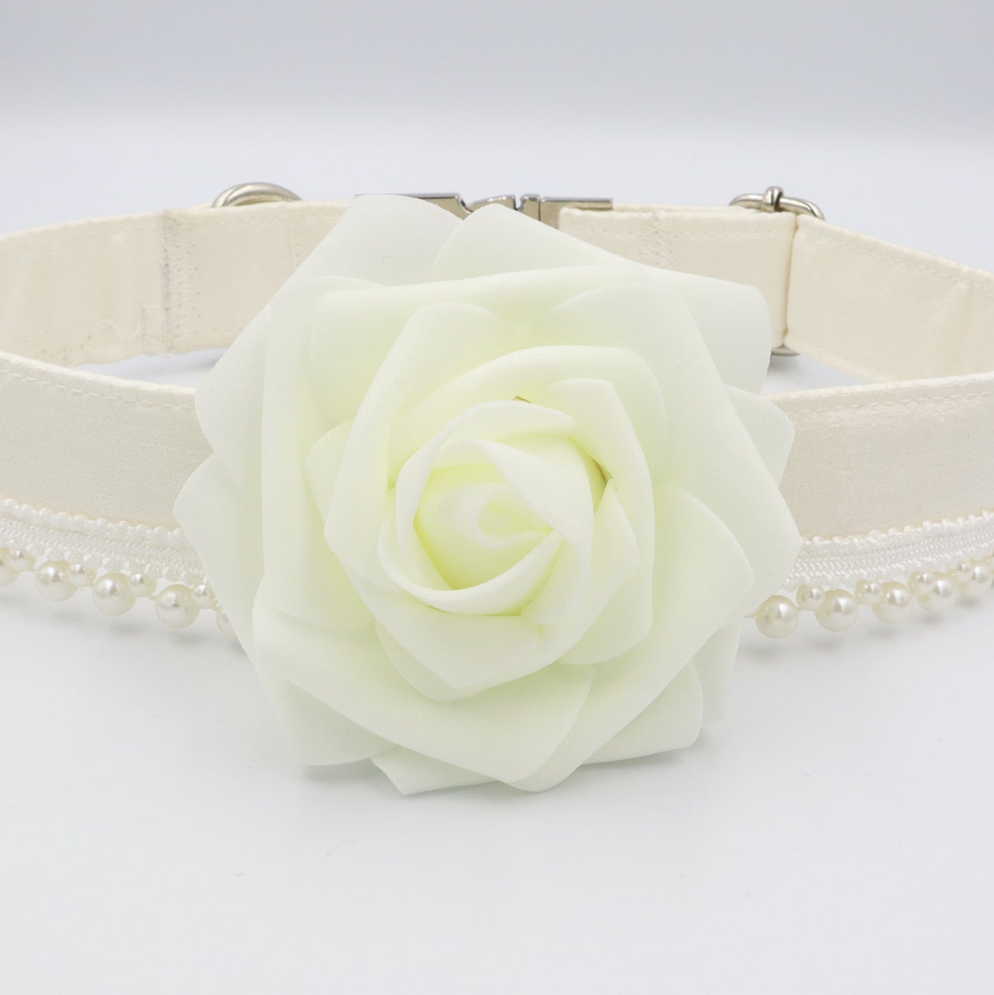 Wedding Dog Collar in Ivory Satin Style Fabric with Flower and Pearl Trim Choice of Flower Colours