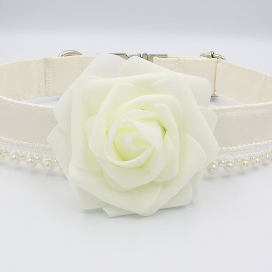 Wedding Dog Collar in Ivory Satin Style Fabric with Flower and Pearl Trim Choice of Flower Colours