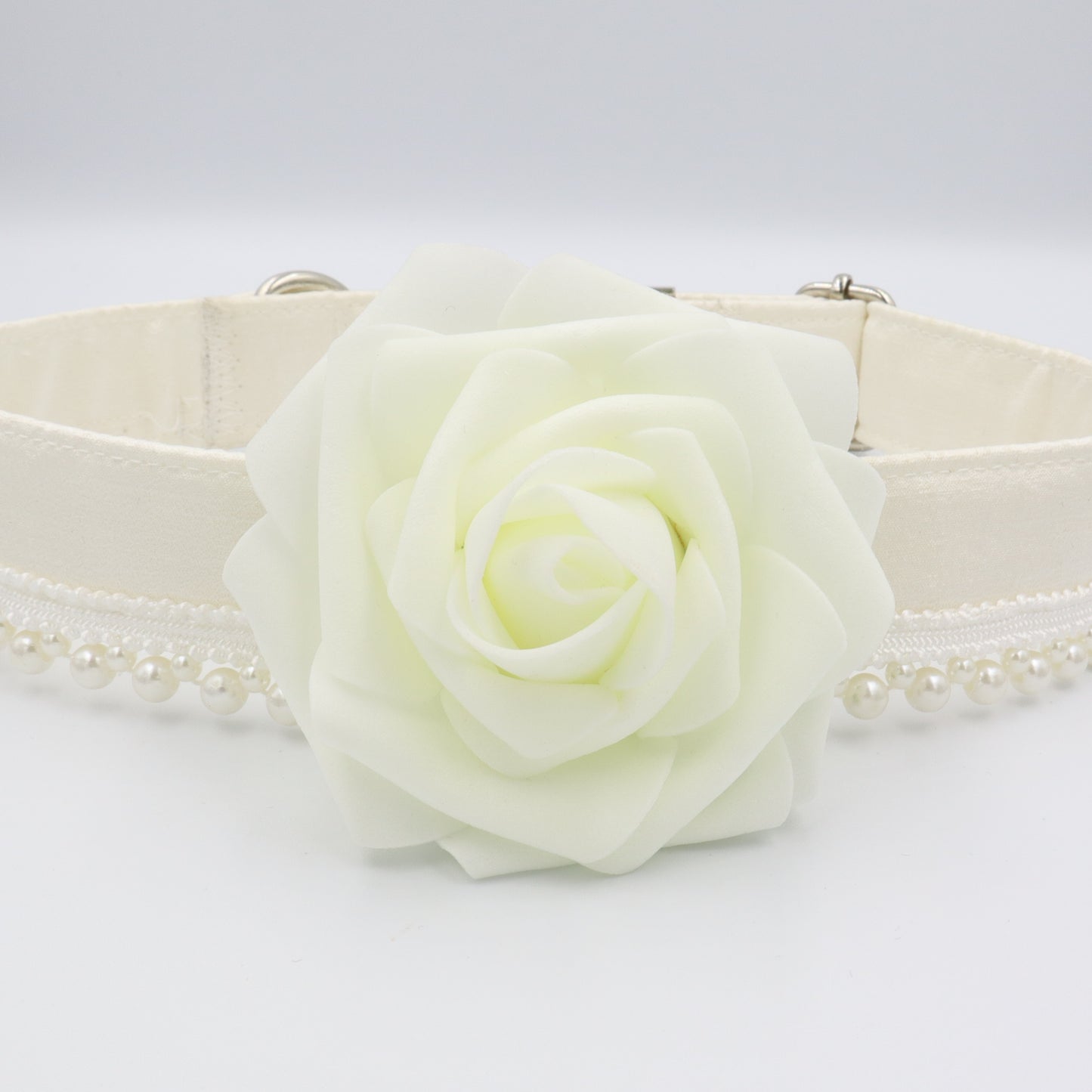 Wedding Dog Collar in Ivory Satin Style Fabric with Flower and Pearl Trim Choice of Flower Colours