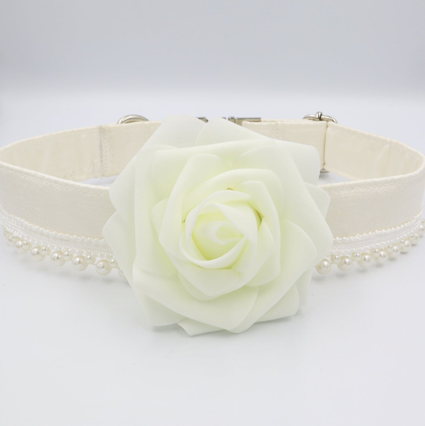 Wedding Dog Collar in Ivory Satin Style Fabric with Flower and Pearl Trim Choice of Flower Colours