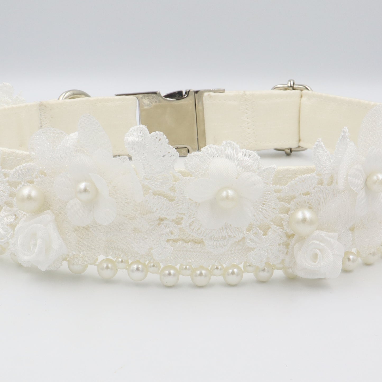 Wedding Dog Collar in Ivory Satin Style Fabric with Pearl Trim