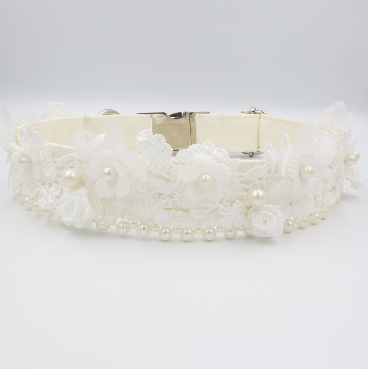 Wedding Dog Collar in Ivory Satin Style Fabric with Pearl Trim