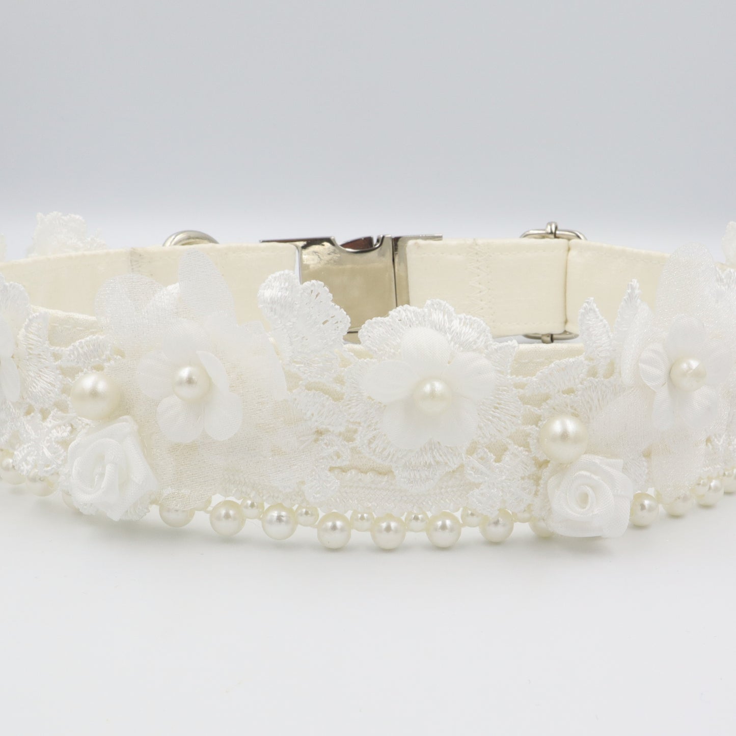 Wedding Dog Collar in Ivory Satin Style Fabric with Pearl Trim