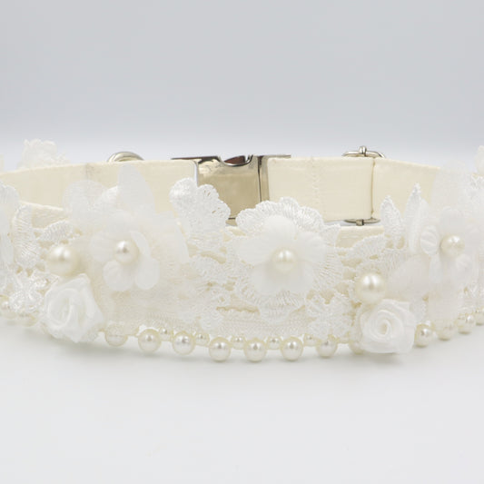Wedding Dog Collar in Ivory Satin Style Fabric with Pearl Trim