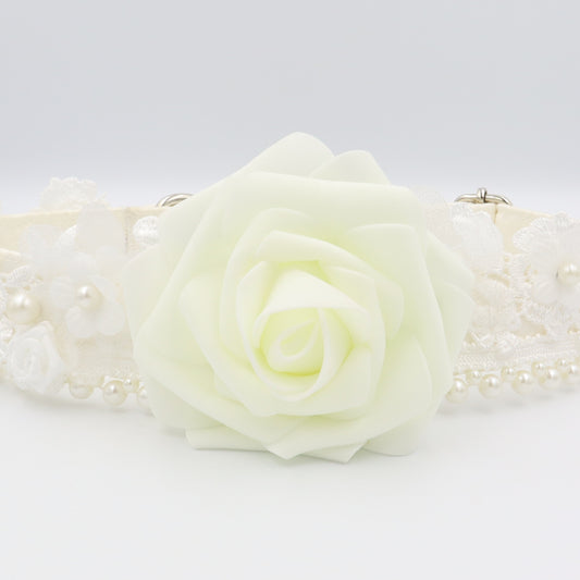 Wedding Dog Collar in Ivory Satin Style Fabric with Flower and Pearl Trim Choice of Flower Colours