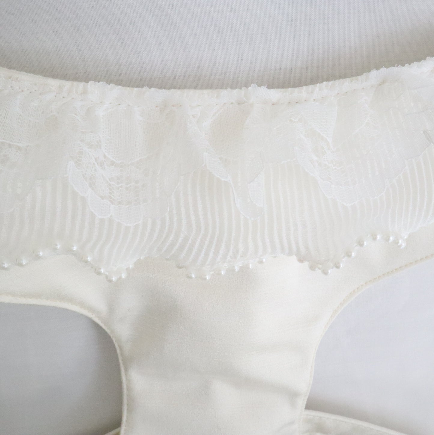 Wedding Dog Harness in Sage Satin with Pearl Ruffle Trim Made to Measure