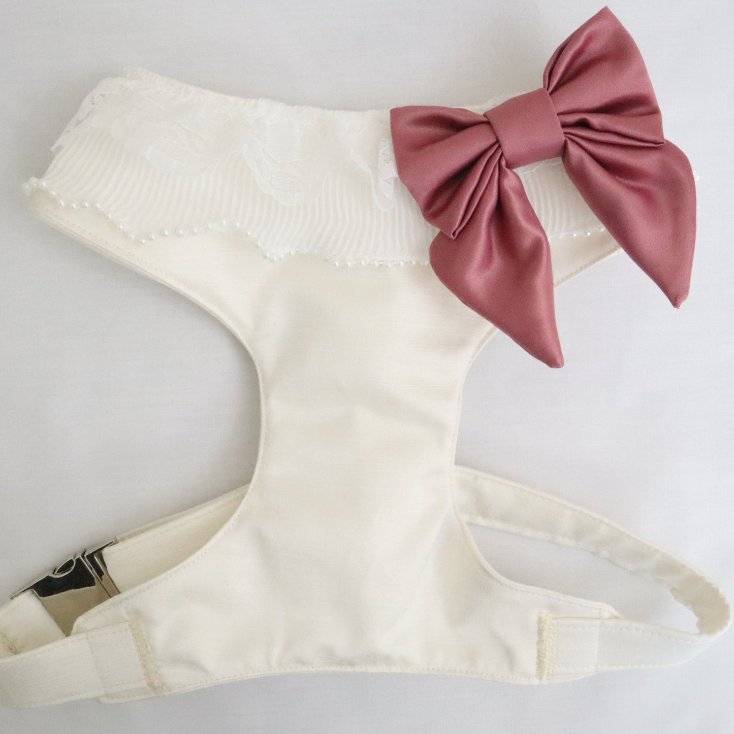 Wedding Dog Harness in Ivory Satin with Pearl Ruffle Trim and Cute Bow and CHOICE of COLOURS Made to Measure