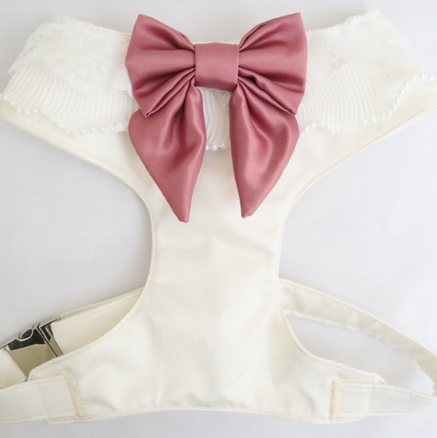 Wedding Dog Harness in Ivory Satin with Pearl Ruffle Trim and Cute Bow and CHOICE of COLOURS Made to Measure