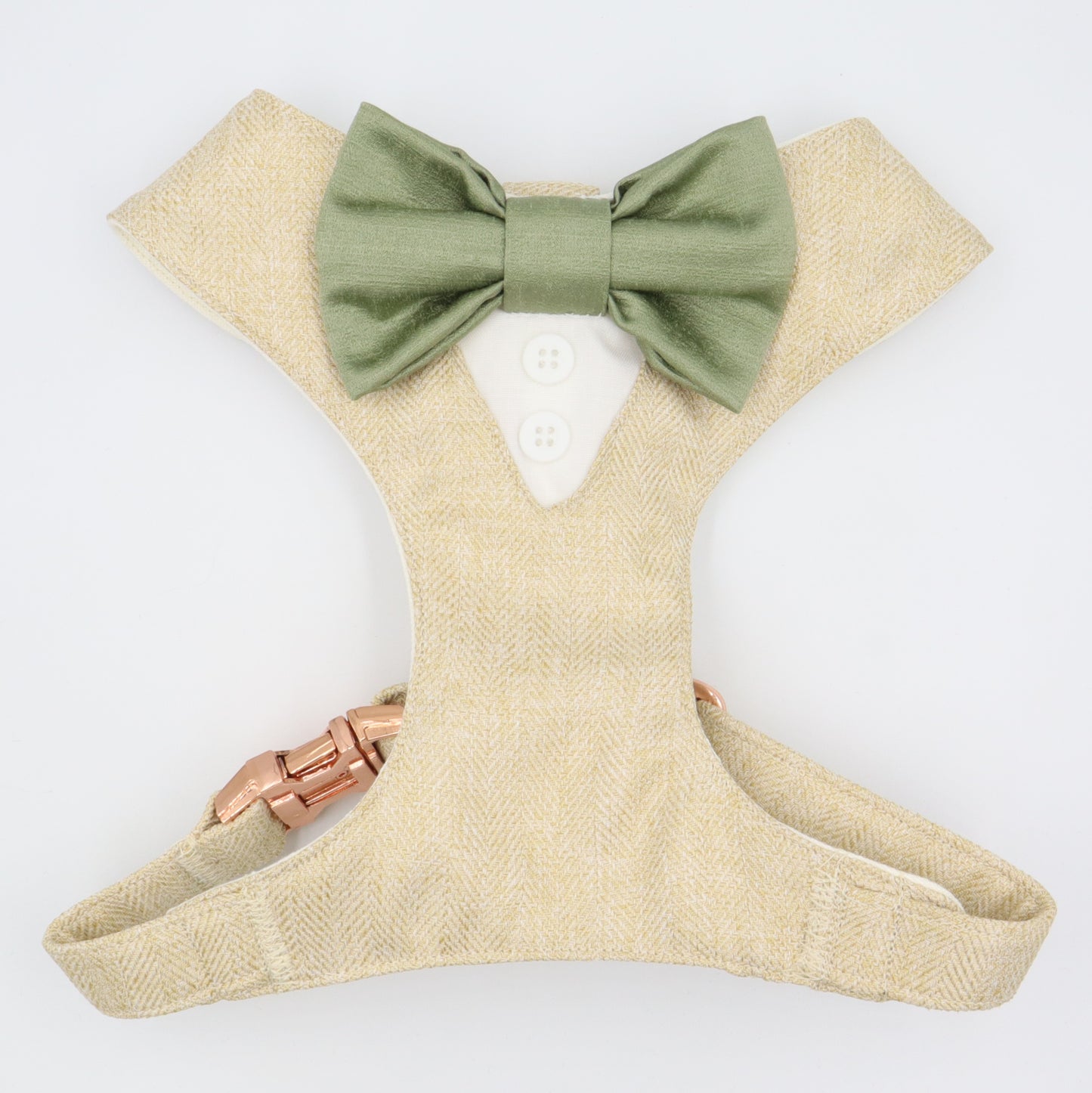 Tuxedo Wedding Dog Harness in Gold/Beige Soft Herringbone Tweed Fabric with Satin Bow CHOICE of COLOURS Made to Measure