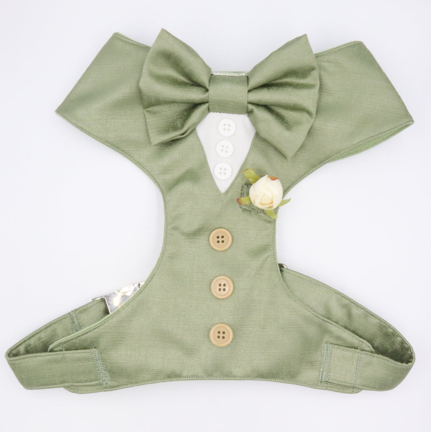 Tuxedo Wedding Dog Harness in Sage Green Satin with Bow CHOICE of COLOURS Made to Measure