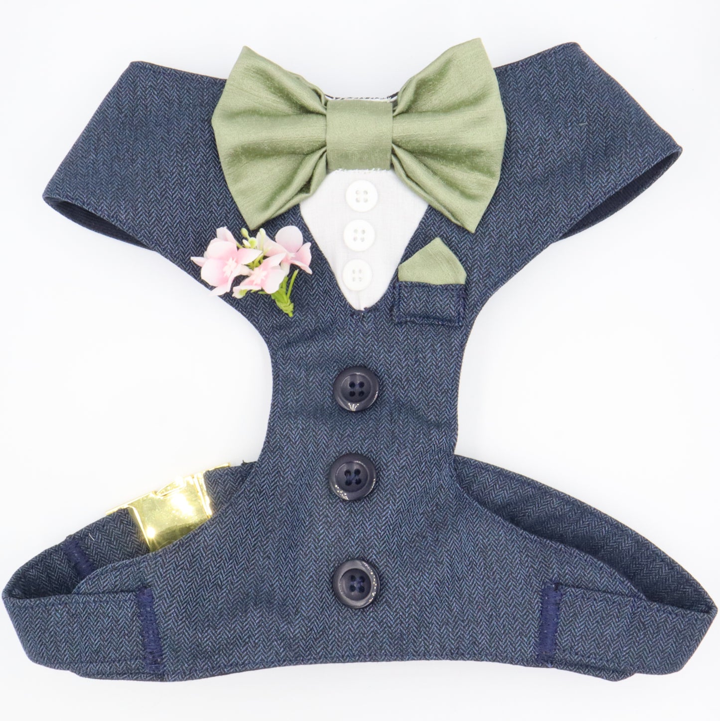 Tuxedo Wedding Dog Harness in Navy Blue Soft Herringbone Tweed Fabric with Satin Bow CHOICE of COLOURS Made to Measure