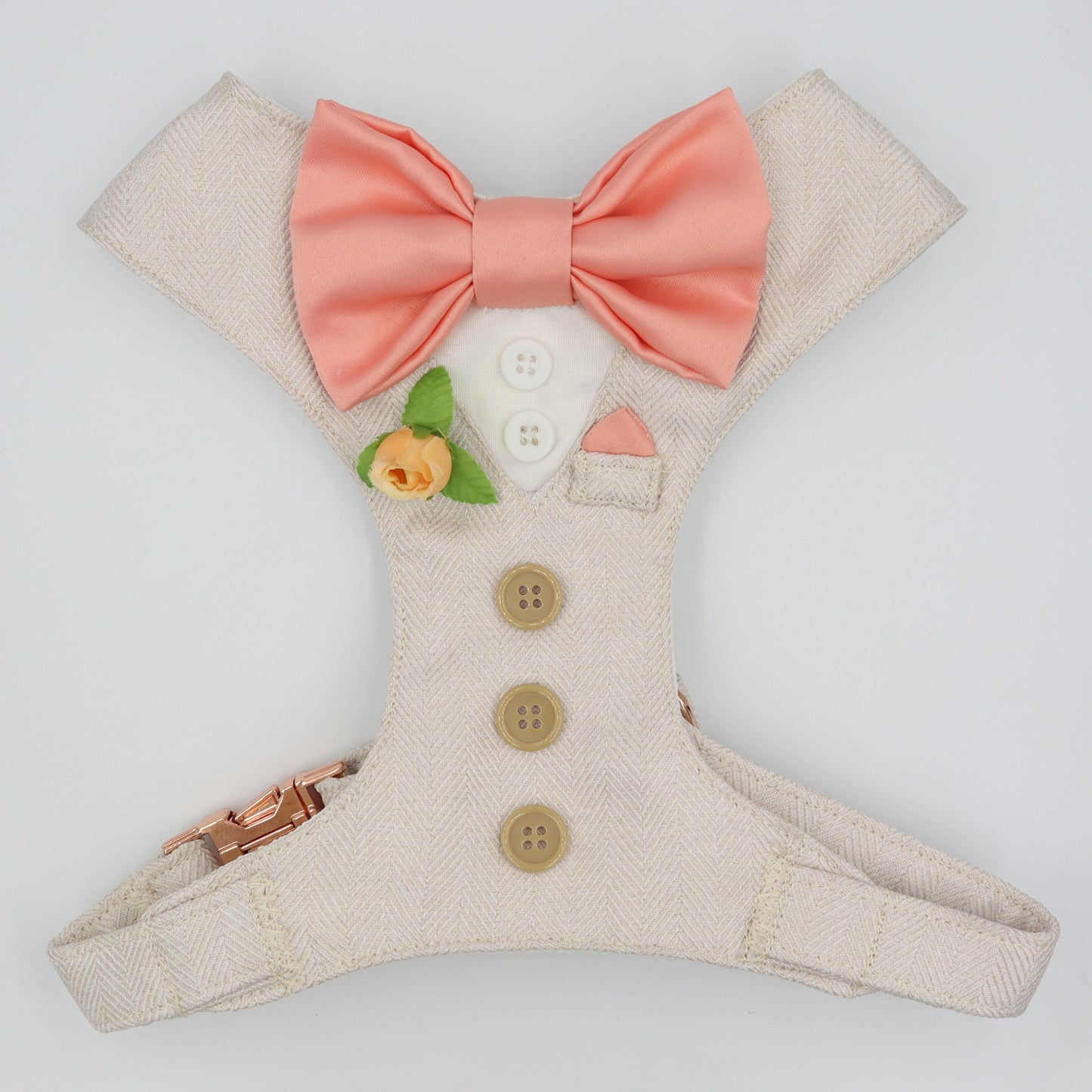 Tuxedo Wedding Dog Harness in Beige Soft Herringbone Tweed Fabric with Satin Bow CHOICE of COLOURS Made to Measure