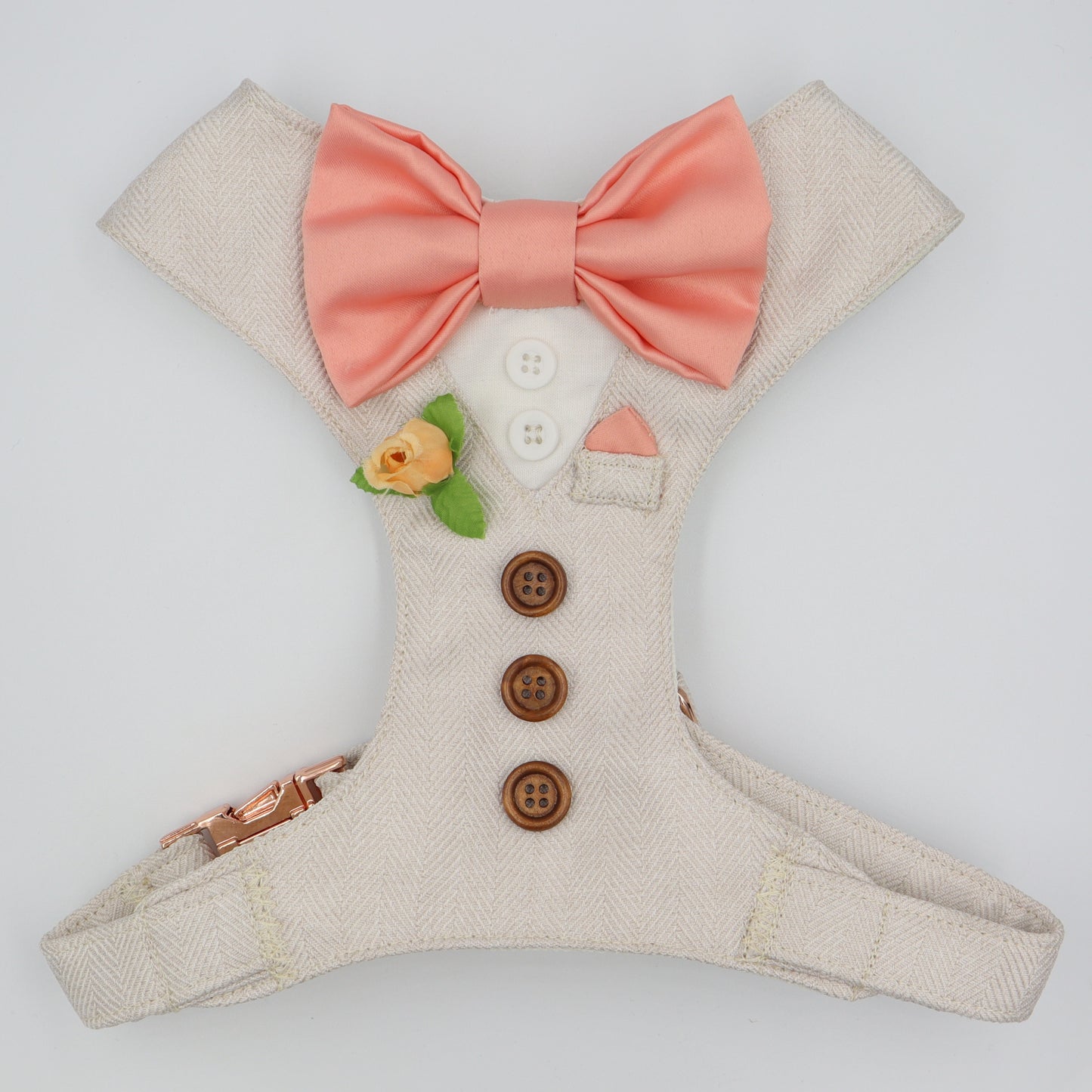Tuxedo Wedding Dog Harness in Beige Soft Herringbone Tweed Fabric with Satin Bow CHOICE of COLOURS Made to Measure