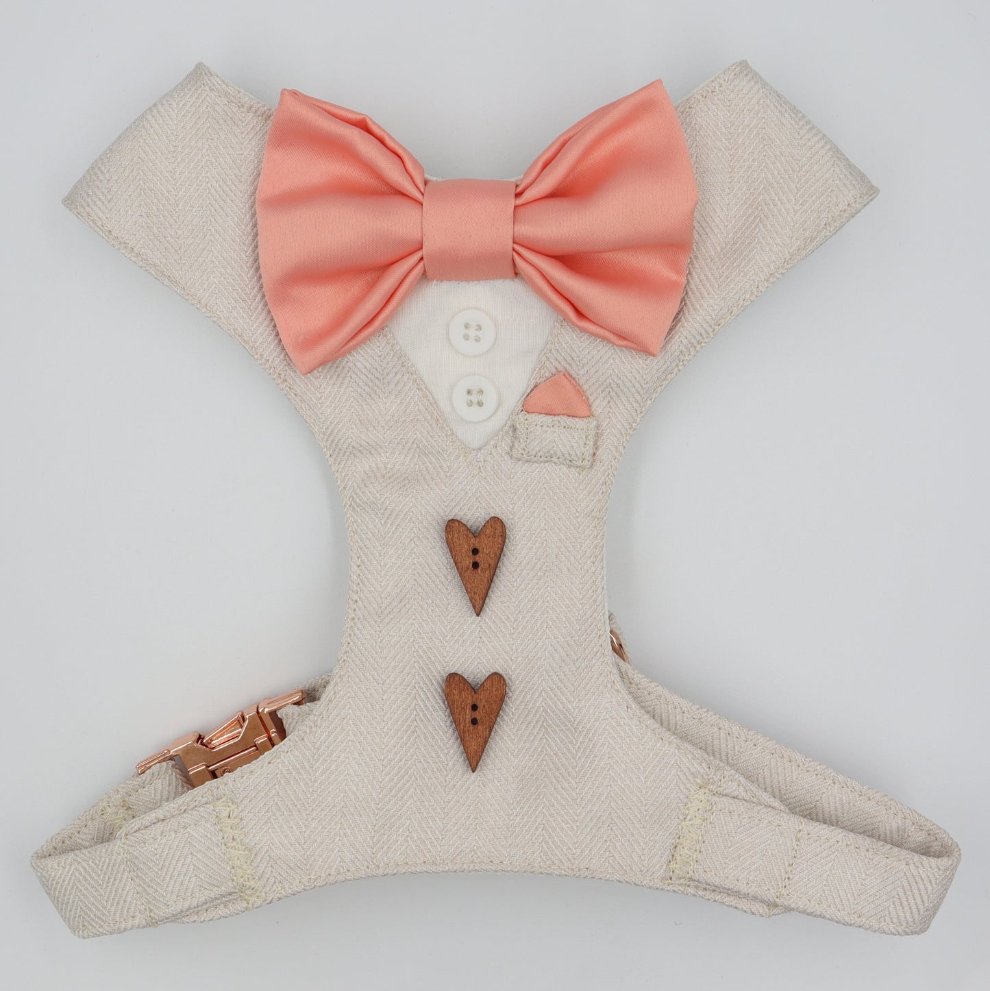 Tuxedo Wedding Dog Harness in Beige Soft Herringbone Tweed Fabric with Satin Bow CHOICE of COLOURS Made to Measure